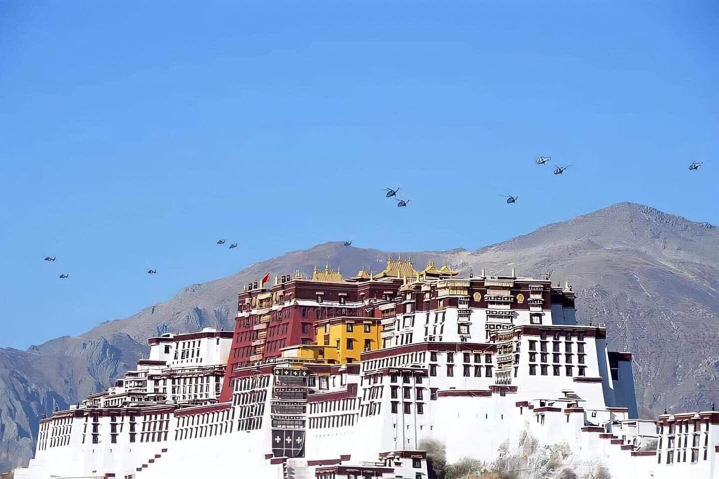 Chinese military choppers flying over Potala Palace, Lhasa (image source Free Tibet)