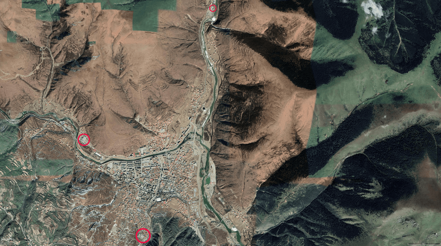 Satellite view of security facilities around Drago County (circled): Army base (centre left), prison (bottom left), and re-education centre (top centre). (Photo: Google Earth)