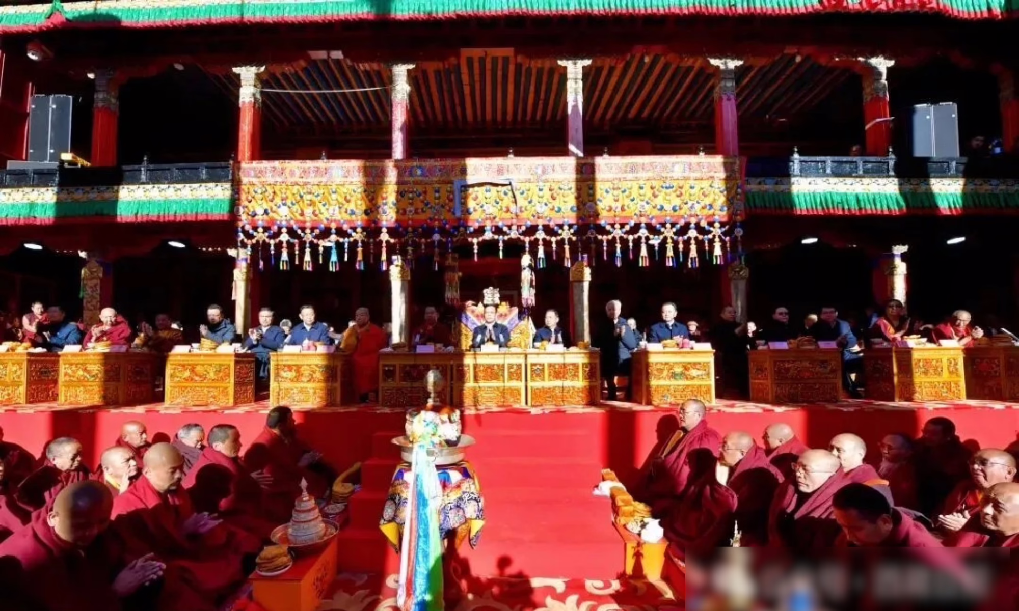 A ceremony at Tashi Lhunpo monastery in Shigatse was held on 9 December to mark the 30th anniversary of China's enthronement of its official Chinese Panchen, Gyaltsen Norbu. Tibetan monks attending the ceremony appeared anxious and upset. The Panchen Lama recognised by the Dalai Lama was abducted by China at the age of five in 1995 and has not been seen since. Image from Chinese state media.