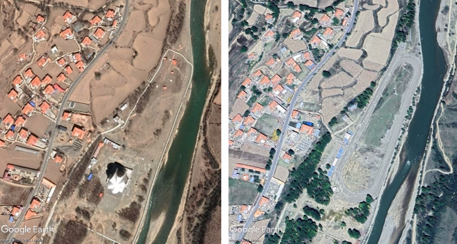 Left: White canopy of the 99-foot Buddha statue next to Nyichu River in Sengdeng Village, Drago County, April 2021. Image source: Google EarthRight: Racecourse next to Nyichu River in Sengdeng Village, Drago County, September 2025. Image source: Google Earth