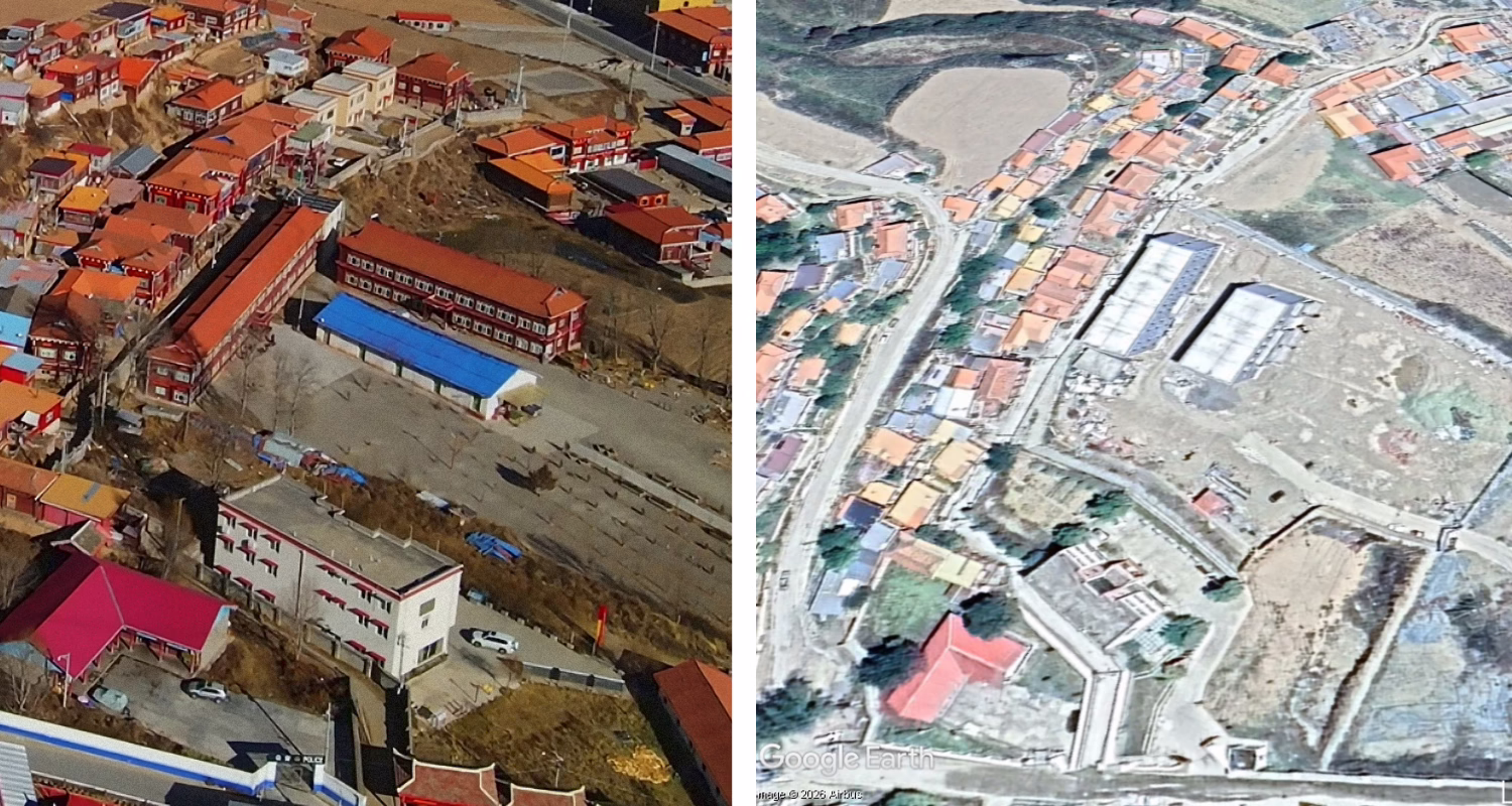Left: Drago Monastic School next to police station (bottom left corner) before its demolition in late October 2021.Right: wo buildings under construction beside police station on the former site of Drago Monastic School September 2025 Image source Google Earth.