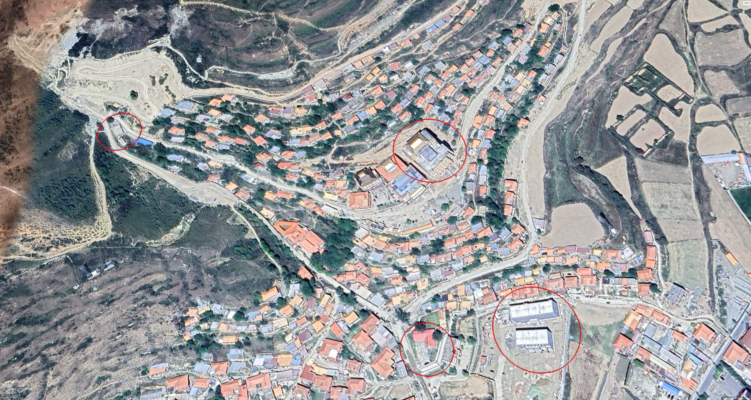 New police station (top left) built after 2021 crackdown, guarding the entrance of Drago Monastery (top right). Old police station (bottom left) built after January 2012 freedom protests, next to buildings under construction (bottom right) at the former site of Drago Monastic School, which was demolished in early November 2021.